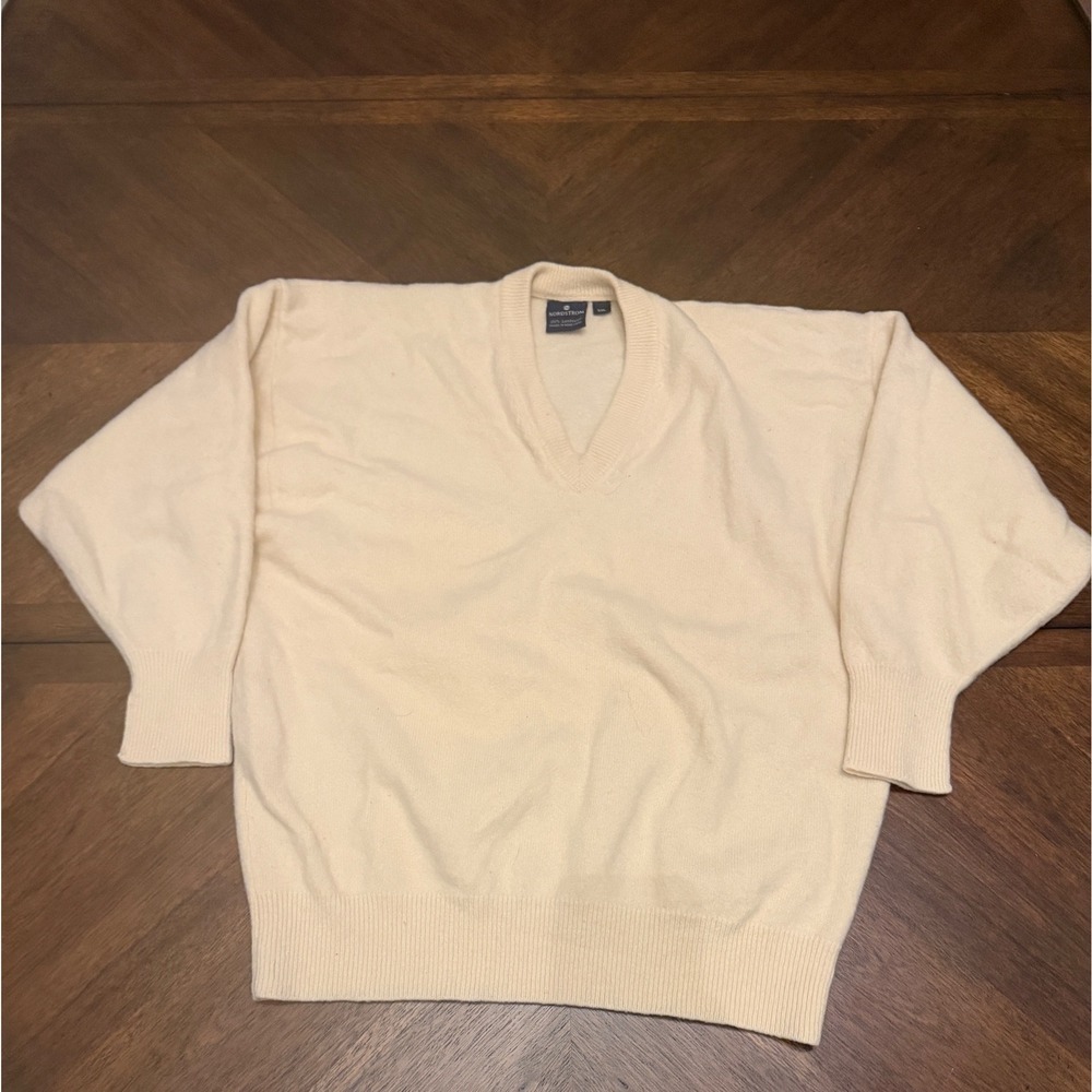 Nordstrom Mens XXL Cream 100% Lambswool V-Neck Knit Sweater Off White Vintage